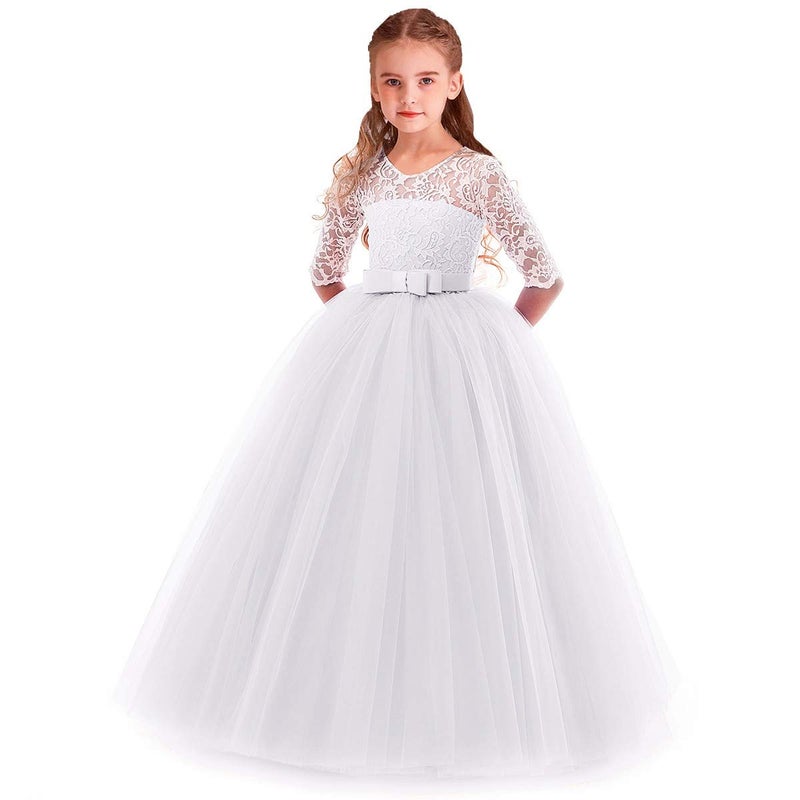 HIHCBF Flower Girls 3/4 Sleeves Lace Tulle A-Line Dress Floor Length Pageant Party Wedding Maxi Evening Dance Prom Ball Gown White 9-10T - Image 1